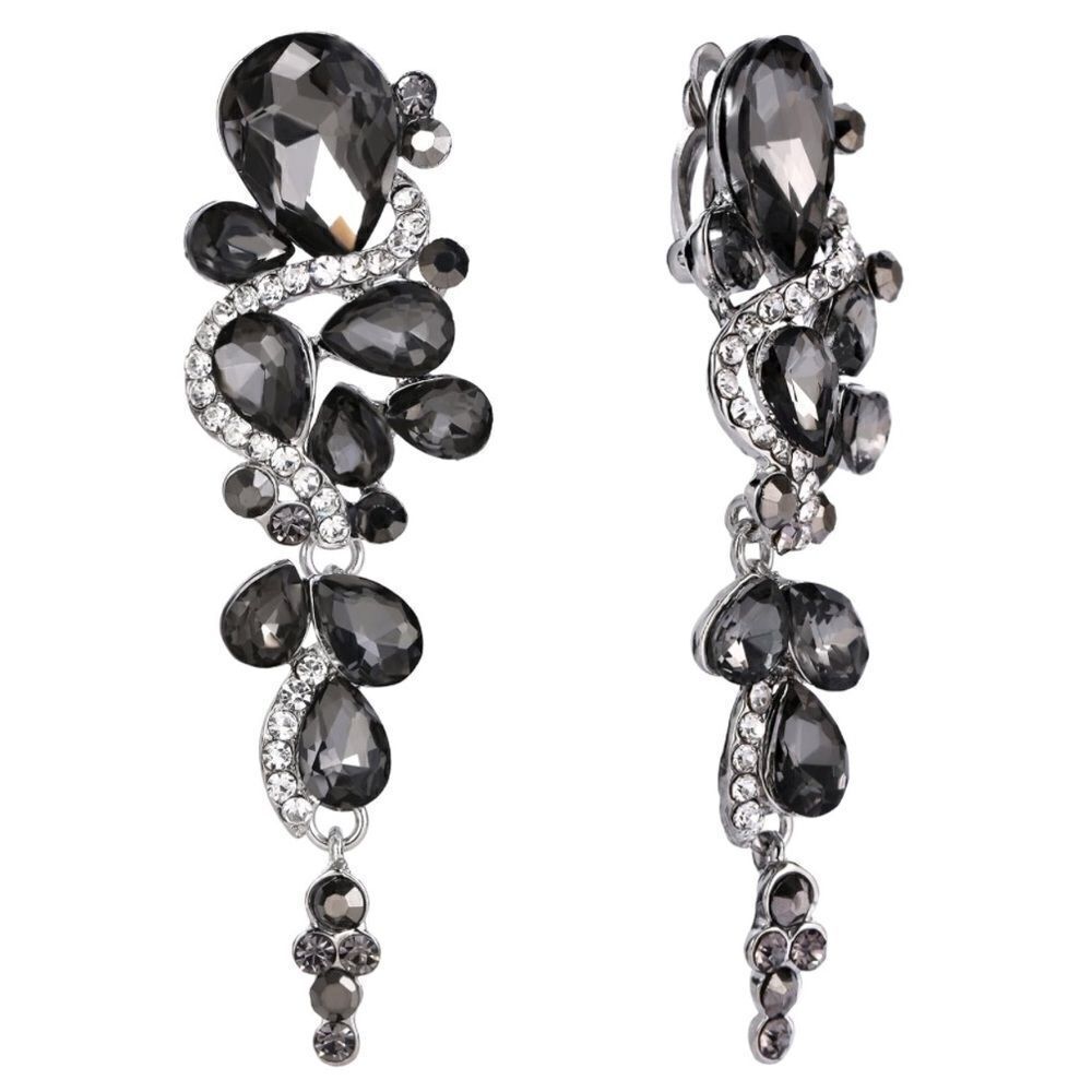 Silver Charcoal Gray and Diamond Austrian Crystal Chandelier ClipāOn Earrings